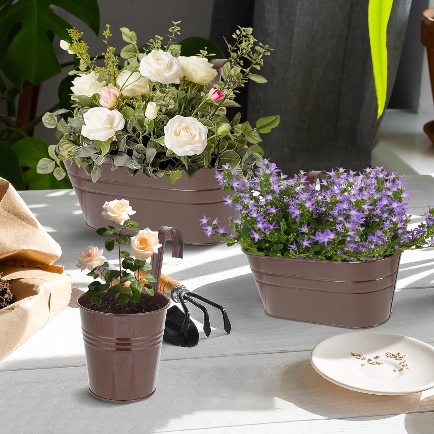 3 Different Size Metal Iron Hanging Flower Pots 10 Pcs for Outdoor Plants Metal Hanging Bucket Pots Iron Railing Fence Planter with Drainage Holes and Hooks for Porch Railing Balcony Fence (Bronze)