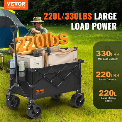 VEVOR 220L/350lbs Collapsible Folding Wagon, Heavy Duty Beach Cart Foldable with Big Wheels, Outdoor Utility Wagon All Terrain Wagon for Groceries Camping