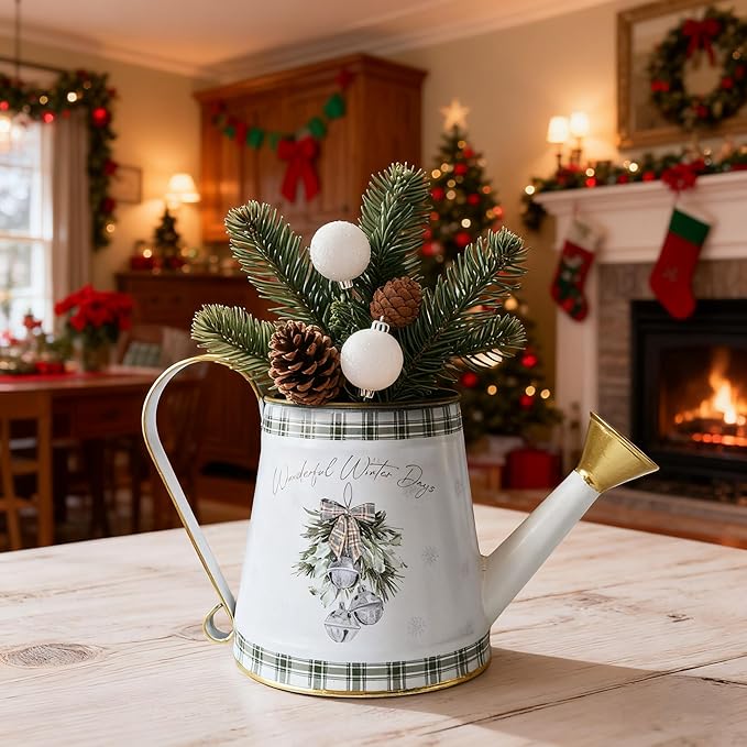 Vintage Metal Christmas Watering Can Decor - Wonderful Winter Days Design with Bell Wreath, Rustic Farmhouse Watering Pot Garden Decorative Planter for Holiday Home Mantel Tabletop Xmas Decor