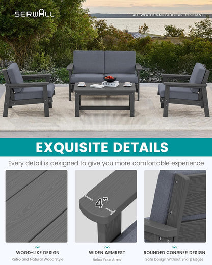 SERWALL HDPE Patio Furniture Set with 15FT Double Side Patio Umbrella, All Weather Wood-Like Outdoor Sofa Sectional Couch, Grey Patio Furniture with Grey Cushions