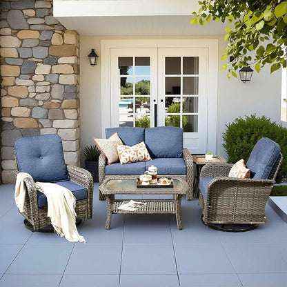 5 Pieces Patio Furniture Set,Outdoor Furniture with Rockers, Rattan Conversation Sets w/Coffee Table, Grey Wicker Blue Cushion