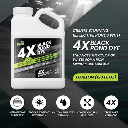 1 Gallon Reflective Black Pond Dye, 4X Concentrate Pond Dye Black, Natural Looking and Long Lasting Liquid Lake Colorant, Protects Against Sunlight - Ideal for Fish, Birds, and Wildlife