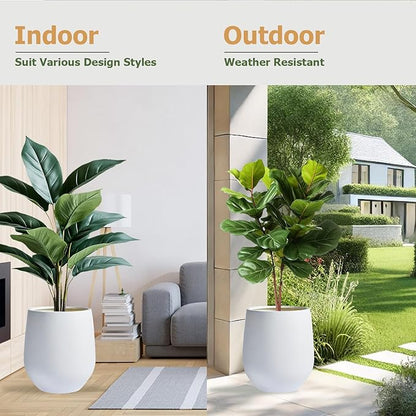 21" H x 19" D Corso Fiberstone Round Tapered Planter with Drainage Hole, Smooth Finishes, for Indoor and Outdoor Use, Included 2 Extra Coco Mats (White, 15" Pot Opening)