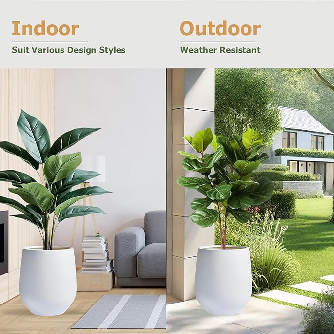 12.5"H x 11.4"D Corso Fiberstone Round Tapered Planter with Drainage Hole, Smooth Finishes, Weather Resistant for Indoor and Outdoor Use, Included 2 Extra Coco Mats (White, 9" Pot Opening)