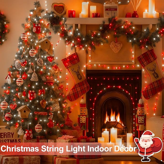 4 Pack 180FT Solar Christmas Lights Outdoor Waterproof, Super Bright 320 LED Solar String Lights with 8 Lighting Modes, Green Wire Twinkle Tree Light for Outside Xmas Party Decorations (Red and White)