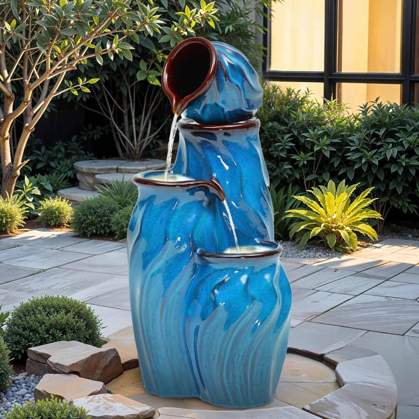29" Tall Ceramic Outdoor Fountain and Waterfalls, 4-Tier Cascading Jars Water Feature, Tranquil Oasis for Relaxing Garden, Patio, Yard, or Porch Decor, Turquoise, Dynamic Wave-Texture