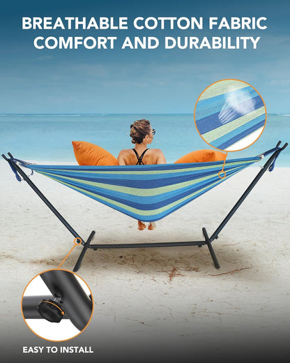 Double Hammock with Space-Saving Steel Stand, 2 Person Heavy-Duty Hammock for Garden, Yard or Outdoor, 600lbs Capacity, Wide Blue