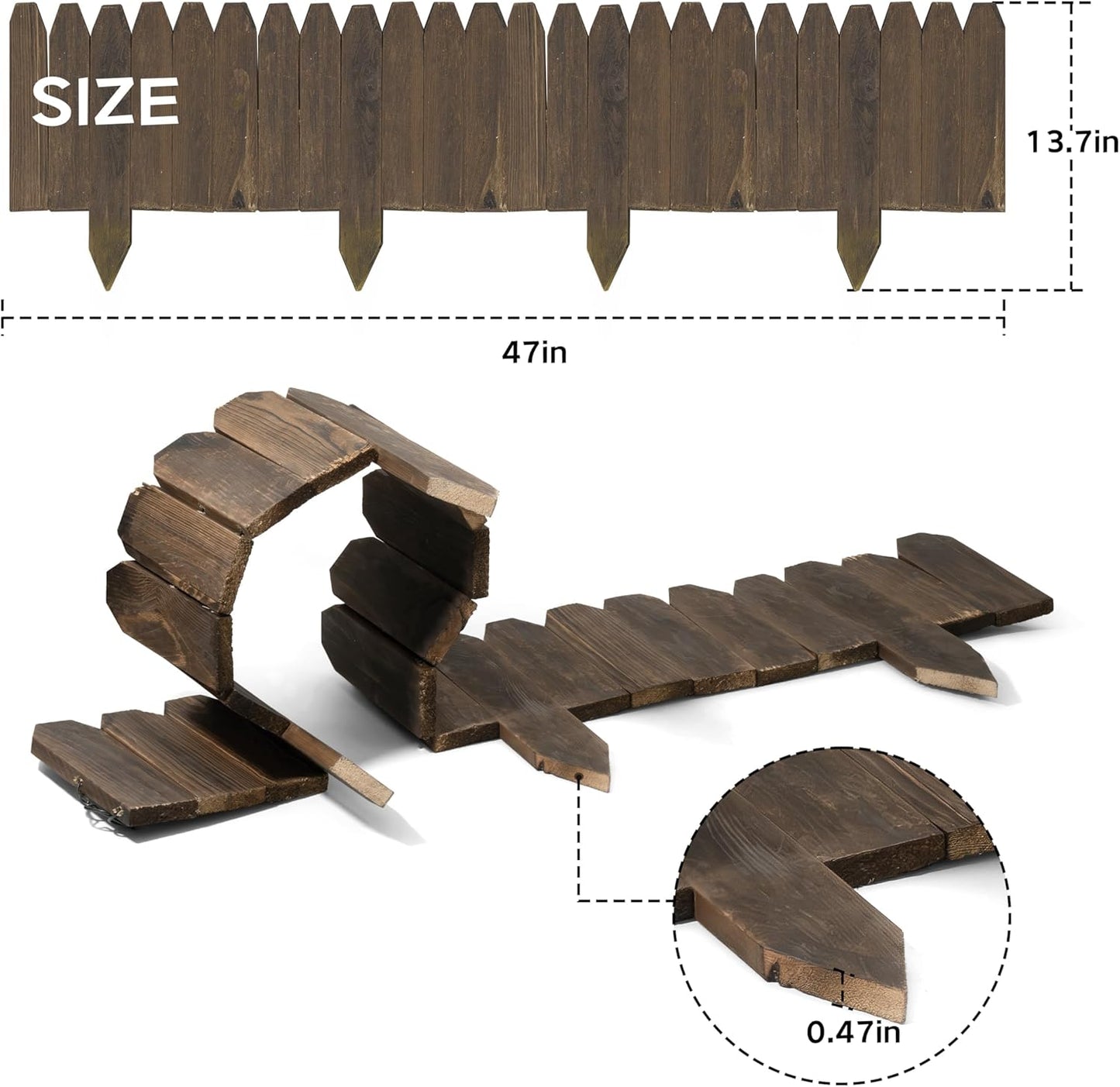 Wood Fence Border for Garden Beds – 9.8" H x 47" L Wooden Landscape Edging Panels, Rustic Decorative Outdoor Divider for Lawn, Path, and Yard Design