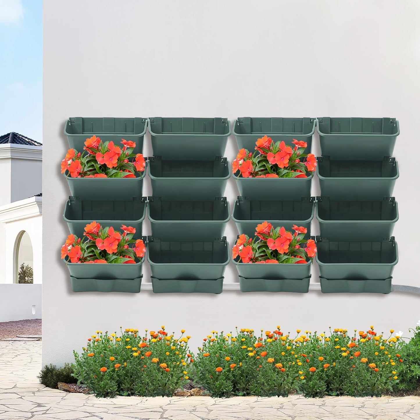 Vertical Wall Planter with 16 Pots, Hanging Garden Plant Flowerpot Holder, Stackable Wall-Mounted Planter, Balcony Planters for Flowers Vegetables Fruits (Army Green, 16 Pots+4 Drainage Planters&Pipe)