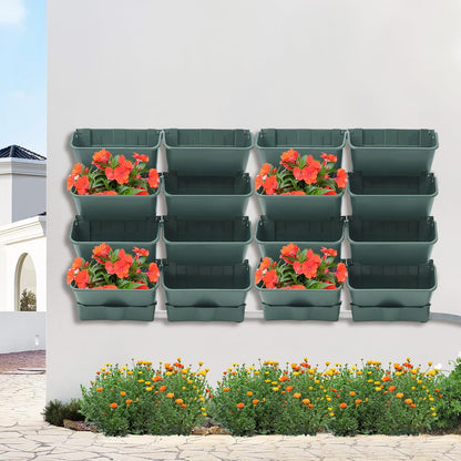 Vertical Wall Planter with 16 Pots, Hanging Garden Plant Flowerpot Holder, Stackable Wall-Mounted Planter, Balcony Planters for Flowers Vegetables Fruits (Army Green, 16 Pots+4 Drainage Planters&Pipe)