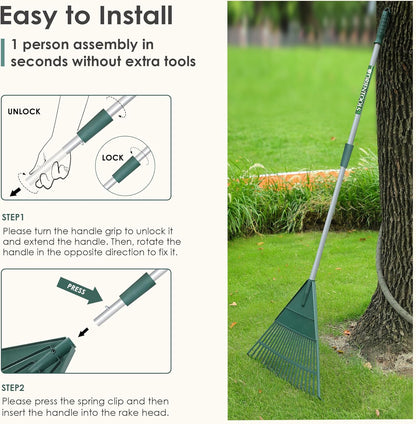 ORIENTOOLS Rake for Leaves,Adjustable Garden Leaf Rake ,Lightweight Steel Poly Yard Rake，22 Tines, 42 to 60 Inches (Silver Handle)