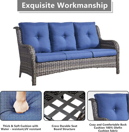 Outdoor Wicker Patio Furniture Set - 5 Piece Rattan Patio Conversation Set with 2 Rocking Swivel Chairs,2 Ottomans and 1 Sofa for Porch Deck Backyard Garden(Mixed Grey/Blue)