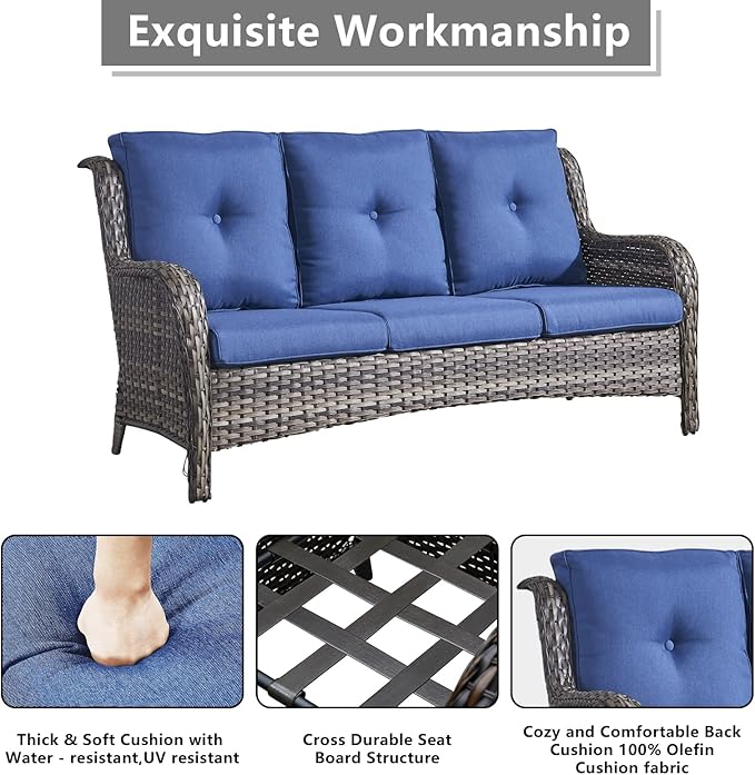 Rilyson Outdoor Patio Furniture Sofa Set - 7 PC Rattan Wicker Patio Sectional Conversation Sets with Sofa,Loveseat,Coffee Table,Armrest Chairs and Ottomans for Porch Deck Garden(Mixed Grey/Blue)