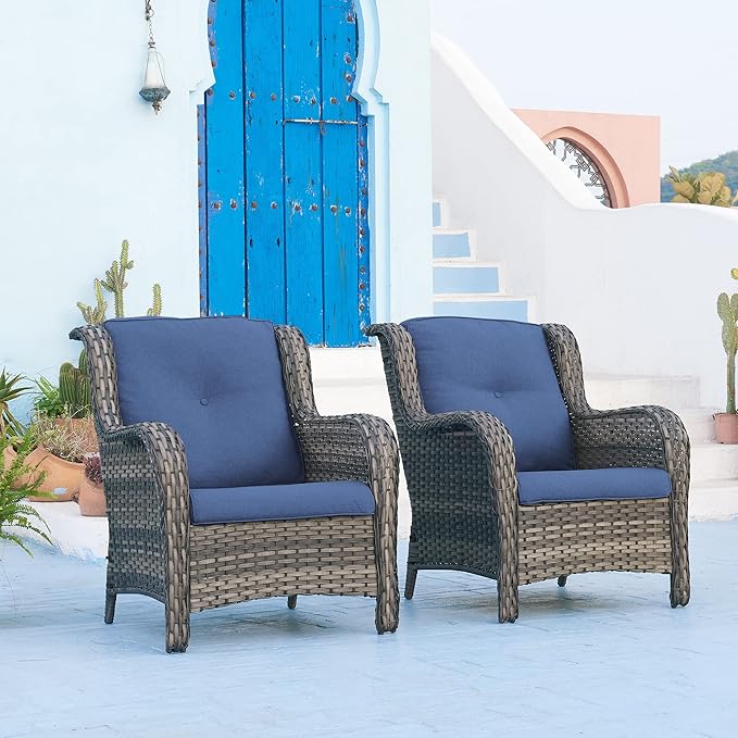 Rilyson Patio Chairs Outdoor Wicker Chair - Rattan Dining Chairs Porch Chairs Outside Club Chairs with High Back and Deep Seating(Mixed Grey/Blue)