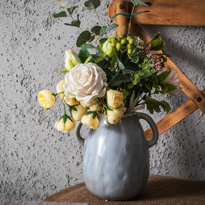 Kimdio Ceramic Vase with 2 Handles, Modern Farmhouse Grey Vase for Home Decor, Rustic Pottery Vase, Boho Decorative Terracotta for Flowers, Clay Pampas Grass Vases for Living Room Dining Table Shelves
