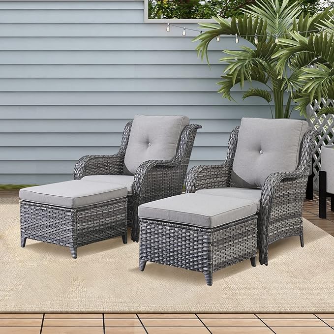 Rilyson Wicker Patio Furniture Set - 4 Piece Rattan Outdoor Sectional Conversation Sets with 2 Chairs and 2 Ottomans for Porch Deck Garden(Mixed Grey/Grey)