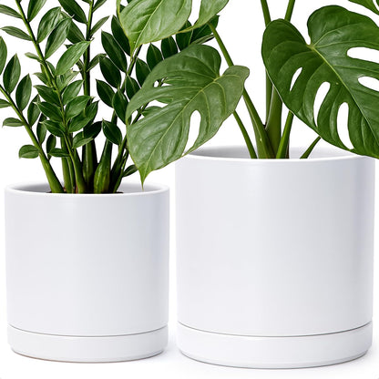 D'vine Dev 8.2 Inch & 10 Inch Ceramic Planter Pot for Plants with Drainage Hole and Saucer, Large Plant Pots Set, White, 94-G-L-1