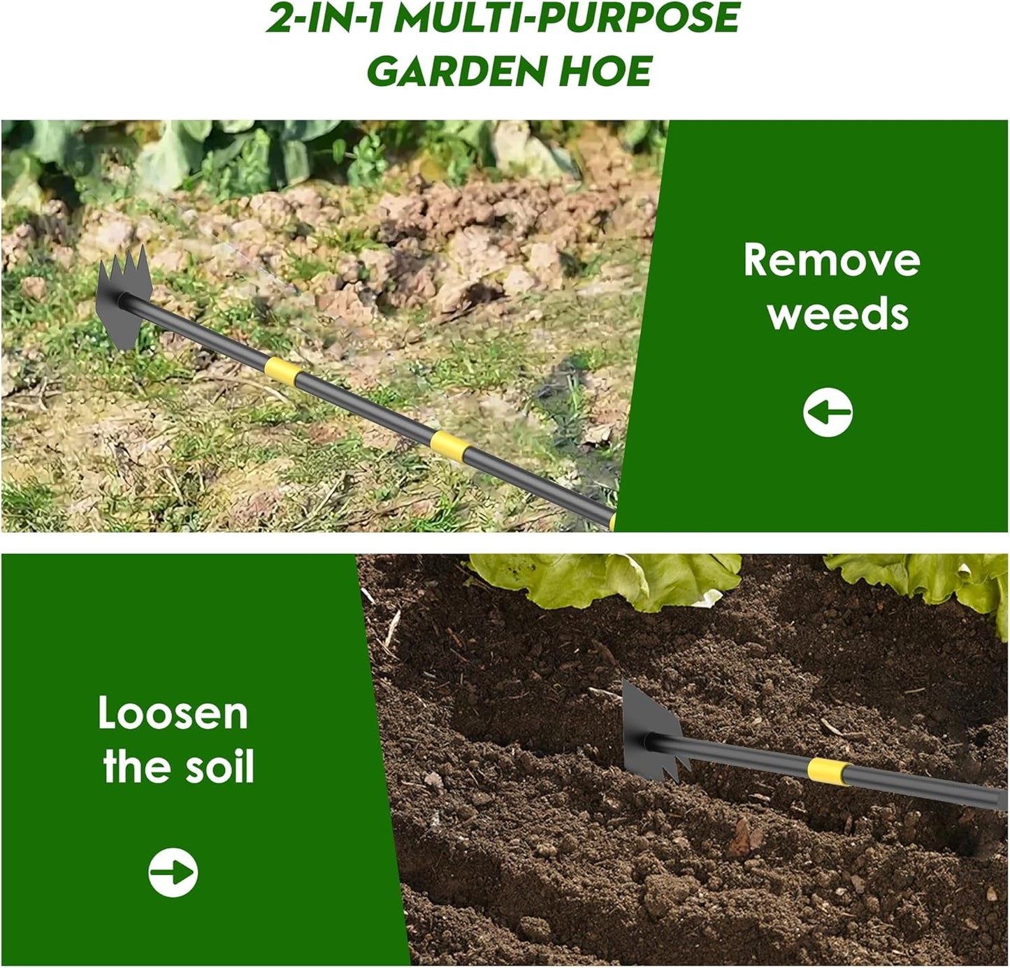 Upgraded Dual Headed Hoe and Cultivator,Garden Hoe with Adjustable Handle for Weeding, Digger, loosening Soil, Sowing Metal Garden Triangles Hoe with Rake Tiller Cultivator (17-73 Inch)