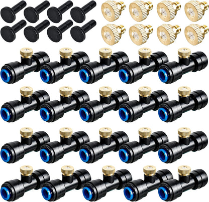 96 Pcs Brass Misting Nozzles Kit Including 48 Pcs 1/4 Inch Brass Misting Nozzles 40 Pcs Misting Nozzle Tees with 8 Plugs for Outdoor Spray Cooling System Misting Nozzle Replacements Tubing