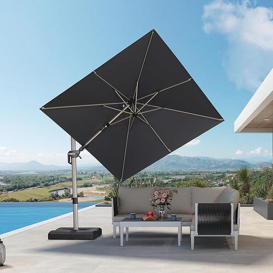PURPLE LEAF 8' X 8' Left-right Tilting Patio Umbrella Outdoor Swivel Cantilever Umbrella Aluminum Offset Umbrella with Champagne Frame and 360-degree Rotation for Garden Deck Pool, Grey