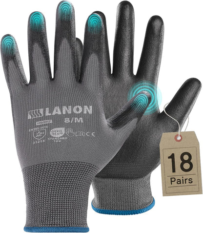 LANON 18 Pairs Safety Work Gloves, Mechanic Working Gloves for Men,Breathable PU Coated, Seamless Knit,Double Wash, Grey, Medium