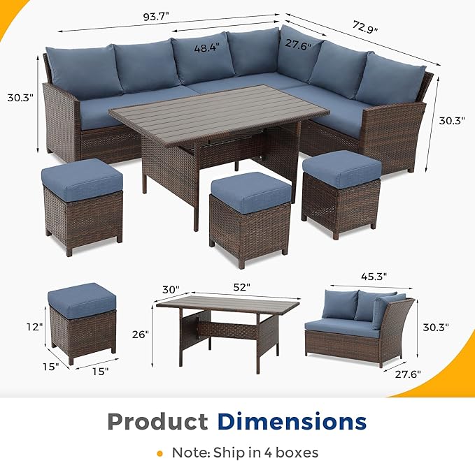 Wisteria Lane Outdoor Patio Furniture Set, 7 Piece Outdoor Dining Sectional Sofa with Dining Table and Chair, All Weather Wicker Conversation Set with Ottoman,Blue