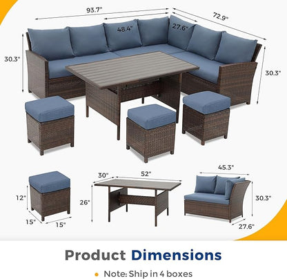 Wisteria Lane Outdoor Patio Furniture Set, 7 Piece Outdoor Dining Sectional Sofa with Dining Table and Chair, All Weather Wicker Conversation Set with Ottoman,Blue