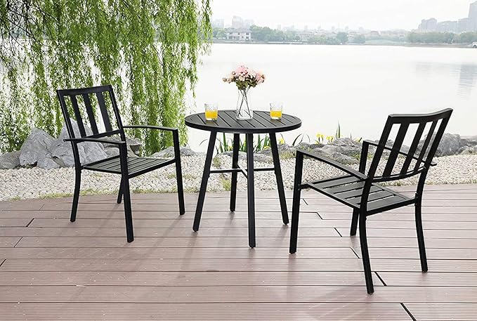 PHI VILLA 3 Piece Outdoor Patio Bistro Dining Set, Slatted Metal Round Table & 2 Patio Chairs, Outdoor Furniture Set for Porch, Deck