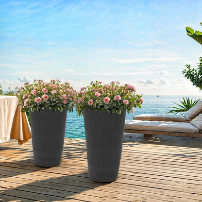 24" Planters for Outdoor/Indoor Plants, Set of 2 Tall Plant Pots, Heavy-Duty Resin Large Vase for Faux Mums Flower, Ideal for Garden, Patio, Yard, Porch or Home Decor, PU Leather-Look Finish