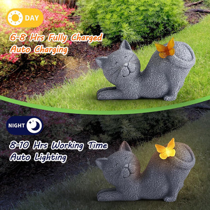 Solar Cat Garden Statue with Glowing Butterfly, Outdoor Resin Cat Figurine with Solar Light, Waterproof Yard Decor for Patio, Lawn, Porch, and Unique Garden Gifts for Cats Lovers