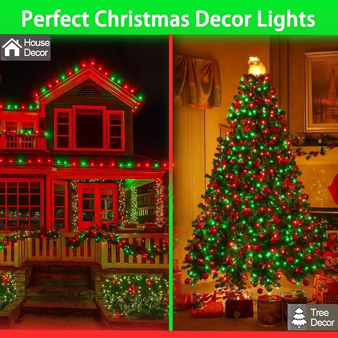 4 Pack 180FT Solar Christmas Lights Outdoor Waterproof, Super Bright 320 LED Solar String Lights with 8 Lighting Modes, Green Wire Twinkle Tree Light for Outside Xmas Party Decorations (Red and Green)