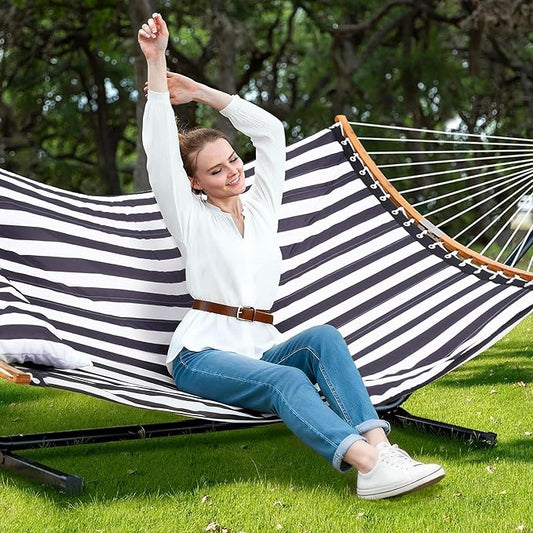 SUNCREAT Hammocks Extra Large Hammock with Stand Included, Double Hammock with Curved Spreader Bar, Black Stripes