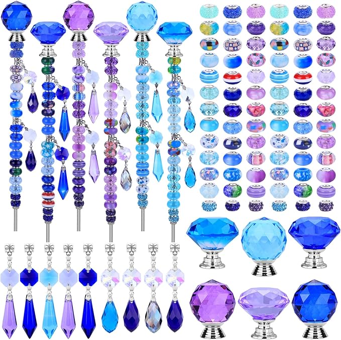 DIY Fairy Wand Garden Stakes Kit, Crystal Beaded Decorative Wands Set, Outdoor Garden Decoration with Assembly Guide (Purple+Aqua+Blue 208 Pcs)