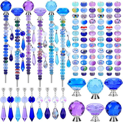DIY Fairy Wand Garden Stakes Kit, Crystal Beaded Decorative Wands Set, Outdoor Garden Decoration with Assembly Guide (Purple+Aqua+Blue 208 Pcs)