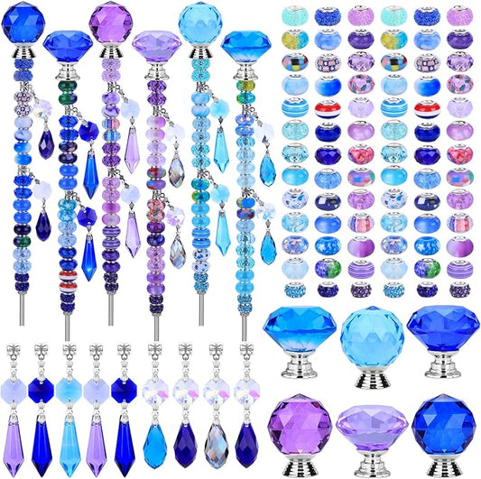 DIY Fairy Wand Garden Stakes Kit, Crystal Beaded Decorative Wands Set, Outdoor Garden Decoration with Assembly Guide (Purple+Aqua+Blue 208 Pcs)