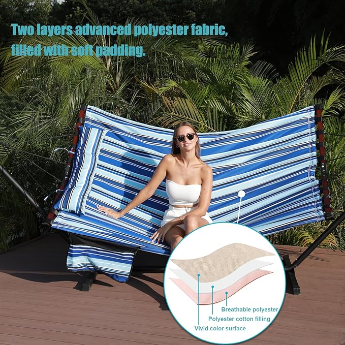 TegerDeger 12FT 2 Person Hammock Large Hammock 450LB Capacity with V Shaped Hardwood Spreader Bar & Nylon Rope for Outside, Patio, Garden, Backyard, Beach, Poolside - Blue Stripes