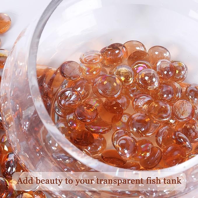 5LB Fire Glass Beads Flat Glass Marbles for Outdoor Fire Pit and Fireplace, Glass Gemstones for Vase Filler, Aquariums, Hydroponics Plants, Home Decor and Christmas DIY Craft, Amber