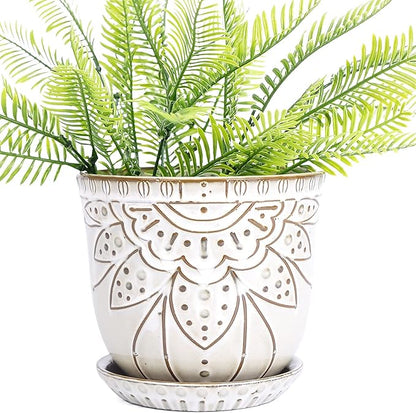 VanEnjoy 5.9 inch Round Bohemian Style Ceramic Planter, Geometry Engrave Off White Brown Planter Flower Pot, Indoor Outdoor Decorative Planter
