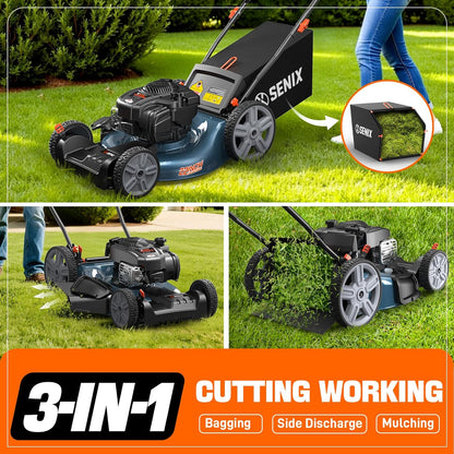 SENIX 21-Inch Gas Lawn Mower Self-Propelled, 3-in-1 Push Cordless Mower with Mulch/Bag/Side-Discharge, 6 Position Adjustable Cutting Height, Steel Deck (LSSG-M1)