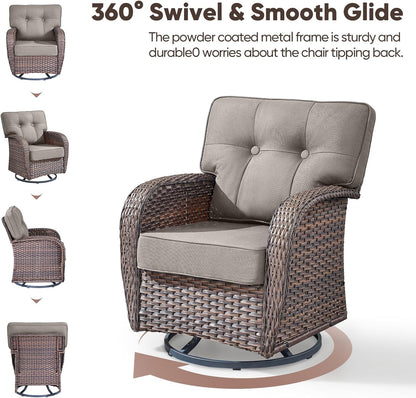 4-Piece Rotating Balcony Chair Set with 31-inch T-Shaped Wide backrest - Rattan Outdoor Rotating Balcony Chairs, Wide backrest Comfortable Outdoor Sliding Chair - Brown | Grey