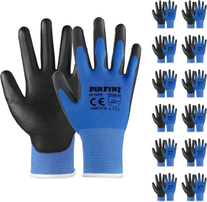 DULFINE Safety Work Gloves PU Coated-12 Pairs,Blue Seamless Knit Glove with Polyurethane Coated Smooth Grip on Palm & Fingers, for Men and Women, Ideal for General Duty Work (Medium)