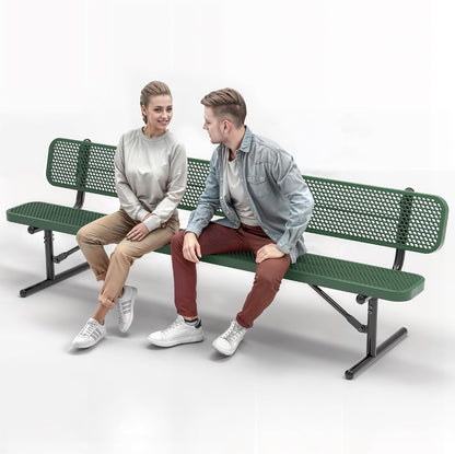Heavy-Duty Outdoor Metal Bench, Thermoplastic-Coated, Portable, Weatherproof, Commercial-Grade for Parks, Gardens, Patios, Stores & More (8 Ft - Portable with Back, Green)
