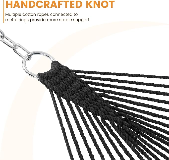 Lazy Daze Hammocks Double Rope Hammock, 2 Person Traditional Outdoor Hand Woven Cotton Rope Hammock with Spreader Bar, Chains, Tree Straps for Patio Yard - Max 450 Lbs, Dark Grey