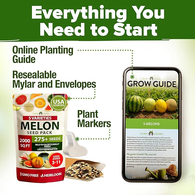 HOME GROWN 𝗨𝗦𝗔 𝗣𝗥𝗘𝗠𝗜𝗨𝗠 Melon Seeds Variety Pack 5 𝗡𝗢𝗡-𝗚𝗠𝗢 Heirloom Vegetable Seeds, Watermelon Cantaloupe Honeydew Sugar Baby & Melon, High Germination for Planting Home Garden Indoors