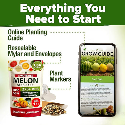 HOME GROWN 𝗨𝗦𝗔 𝗣𝗥𝗘𝗠𝗜𝗨𝗠 Melon Seeds Variety Pack 5 𝗡𝗢𝗡-𝗚𝗠𝗢 Heirloom Vegetable Seeds, Watermelon Cantaloupe Honeydew Sugar Baby & Melon, High Germination for Planting Home Garden Indoors