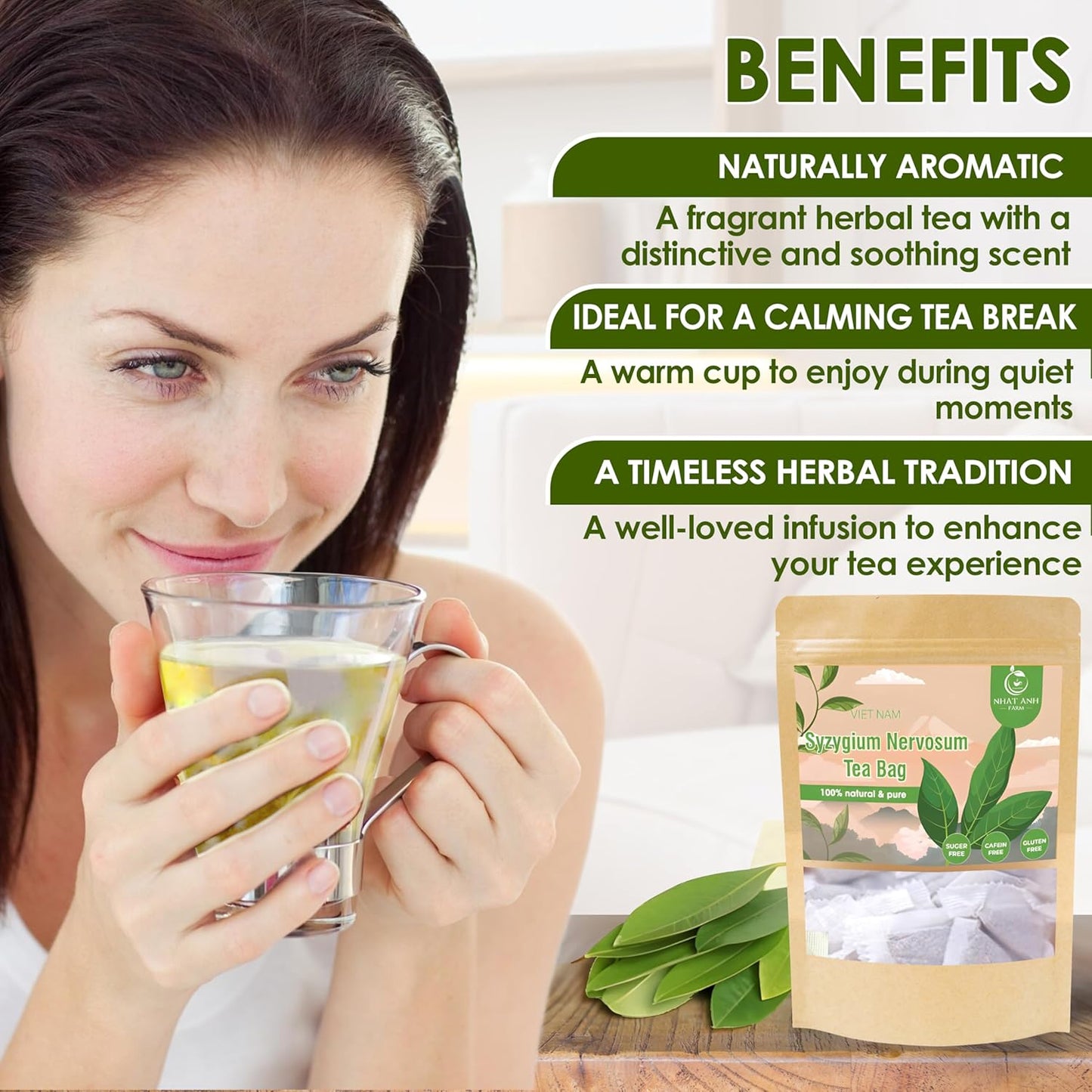 NHAT ANH FARM - Premium Syzygium Nervosum Tea Bags, 40 Syzygium Nervosum Tea Bags, 100% Natural Dried Syzygium Nervosum Leaves, Naturally Sweet Herbal Tea, Sugar-Free, Caffeine-Free, No Additives.