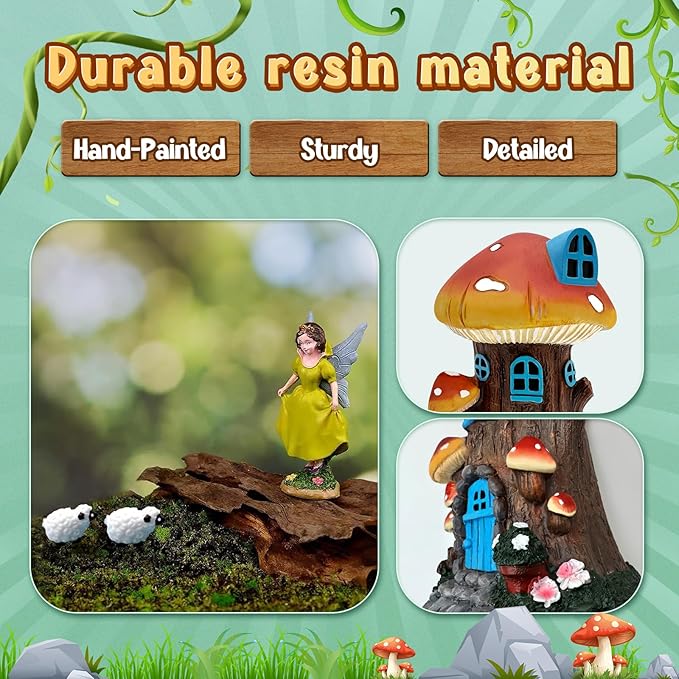 DONABELA Fairy Garden Kit Small Mushroom House Miniature Animals Figurines Accessories Outdoor Tiny Decor for Kids 18 PCS