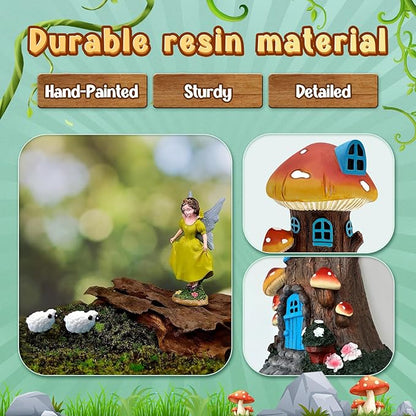DONABELA Fairy Garden Kit Small Mushroom House Miniature Animals Figurines Accessories Outdoor Tiny Decor for Kids 18 PCS