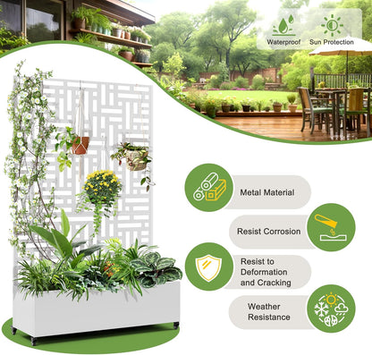 FENCY Metal Raised Garden Bed with Wheels and Trellis,73"x47"x16" Planter Box for Climbing Plants, Vegetables & Vines, Features Privacy Screen and Drainage Holes (White-Geometric Lattice)