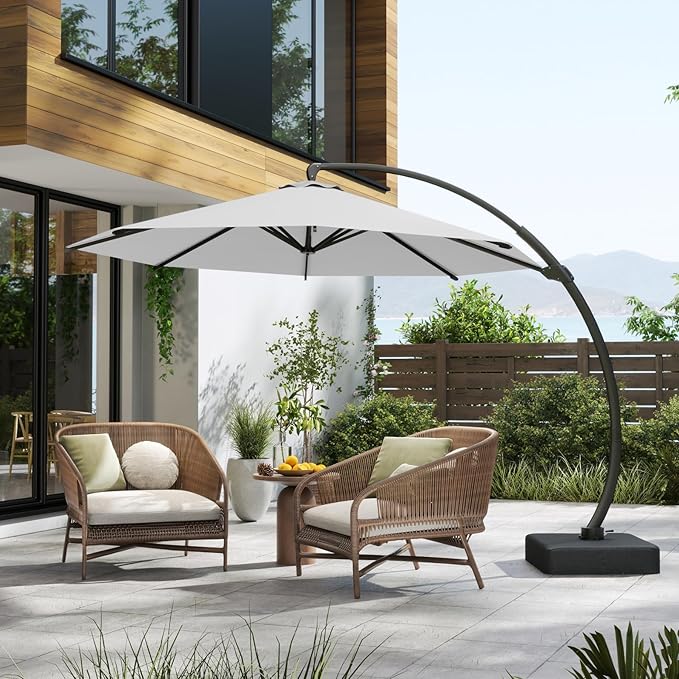 11FT Cantilever Umbrella with Base Large Curvy Outdoor Aluminum Offset Umbrella w/ 360° Rotation, UV Resistant Canopy for Patio, Garden, Backyard, Light Gray
